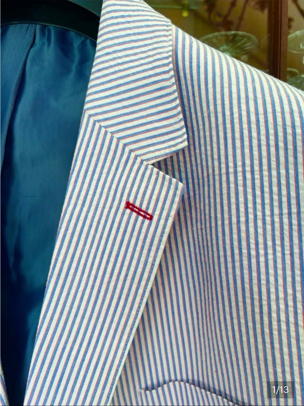 Peter Christian Light Blue & White Stripe Seersucker Blazer with Red Buttonhole